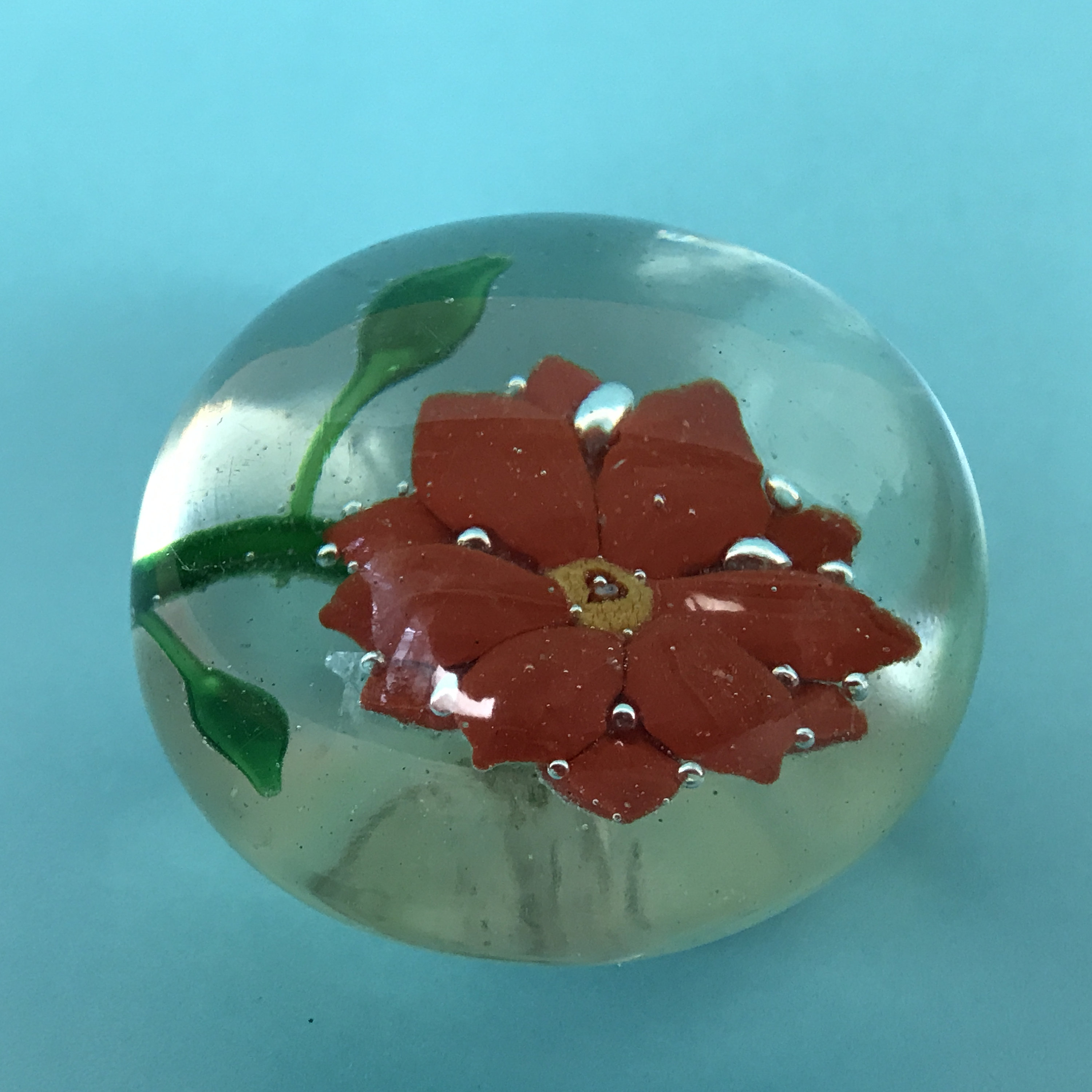 Vintage Glass Paperweight with Encased Orange Flower Mod Etsy