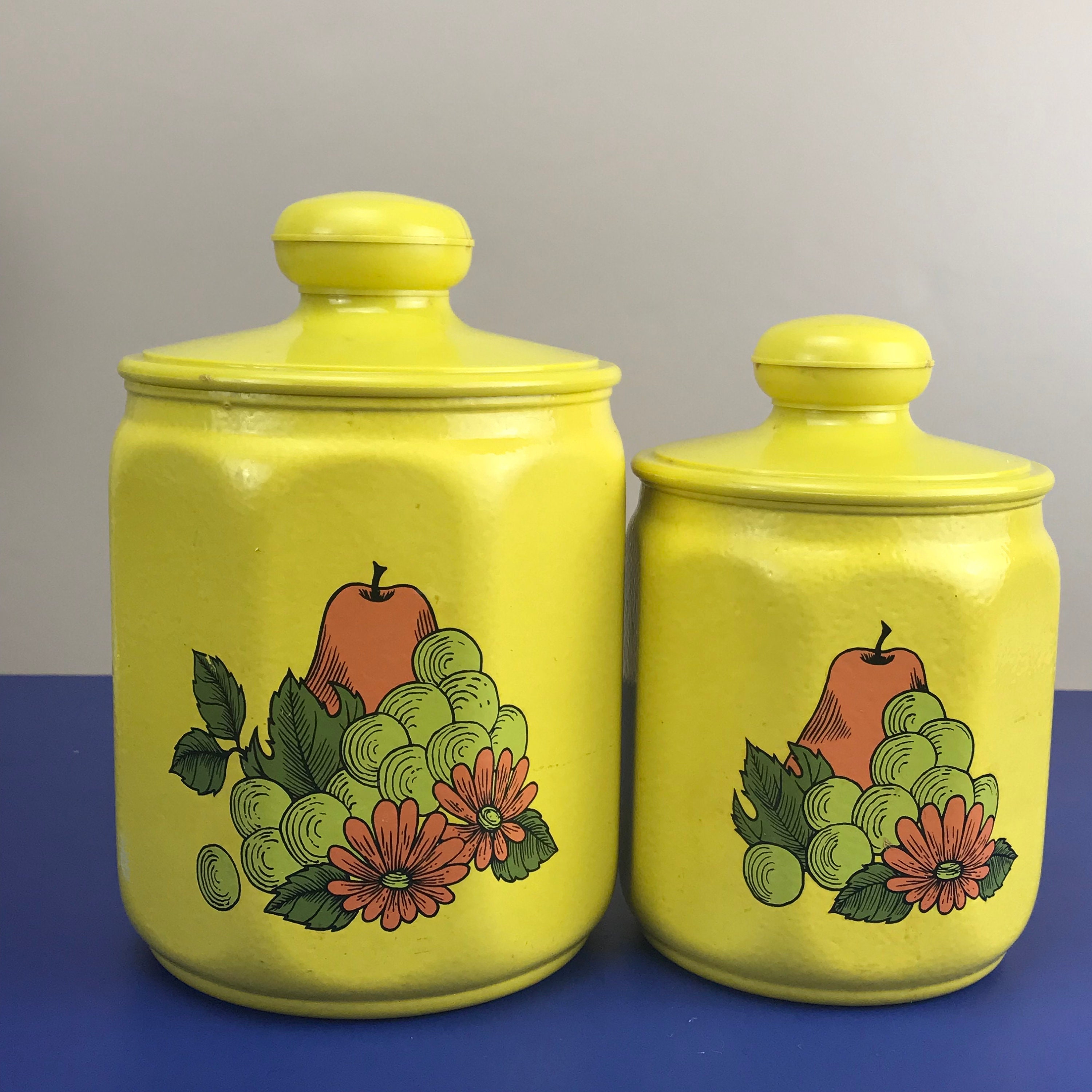 2 Vintage Kromex Yellow Metal Kitchen Canisters w/ Plastic Lids ...