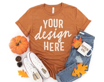 MOCKUP - Bella & Canvas 3001 CVC Heather Autumn Pumpkin Spice Latte Mug Unisex T-Shirt Fall PSL Elements Flat Lay Mockup on White Background