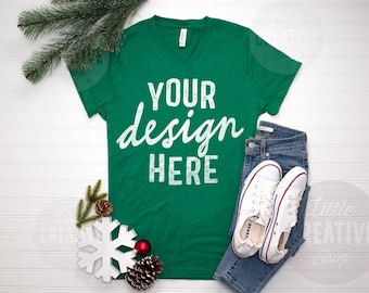 MOCKUP - Bella Canvas 3005 Kelly Green V-Neck Shirt Christmas Elements Colors Holiday T-Shirt Flat Lay Mockup White Background