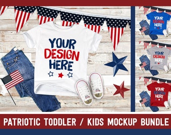 MOCKUP Kid Toddler T-Shirt Lay Flat Bundle 4 Colors: White, Red, Blue, Grey American Flag July 4th, Memorial, Labor, Independence Day