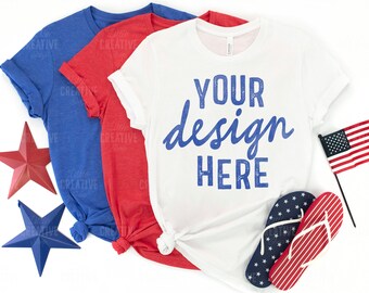 MOCKUP - Heather Red / True Royal Blue / White Bella Canvas 3001 July 4th Independence Day Mockup American Flip Flops Flag Flat Lay Mock Up