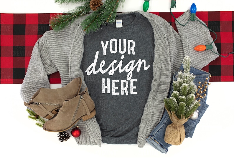 Download MOCKUP Dark Heather 64000 G640 Gildan Christmas Tree ...