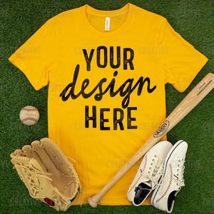 MOCKUP - Bella Canvas 3001 Gold Shirt T-Shirt Yellow Flat Lay Mockup Baseball, Bat, Mitt, Shoes on Grass Background JPEG