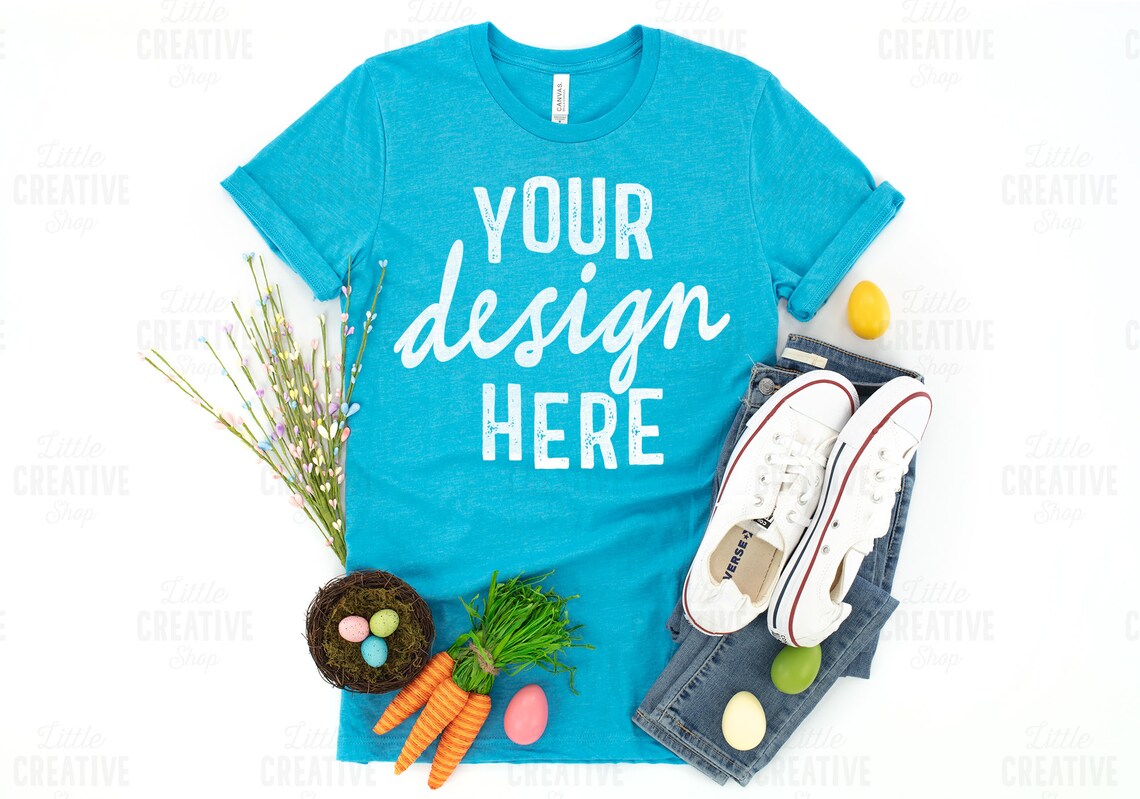 MOCKUP Bella Canvas Heather Aqua 3001 T-shirt Flat Lay - Etsy