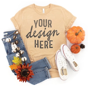 MOCKUP - Heather Sand Dune Bella & Canvas 3001 Women&#39;s Tan T-Shirt Fall Leaves Pumpkins Cotton Jeans Shoes Flat Lay Mock Up JPEG File