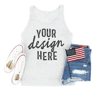 MOCKUP - Bella & Canvas White Fleck Triblend 3480 Womens Tank Printful Printify Jeans, Shoes, Flag July 4th Independence Day Flat Lay