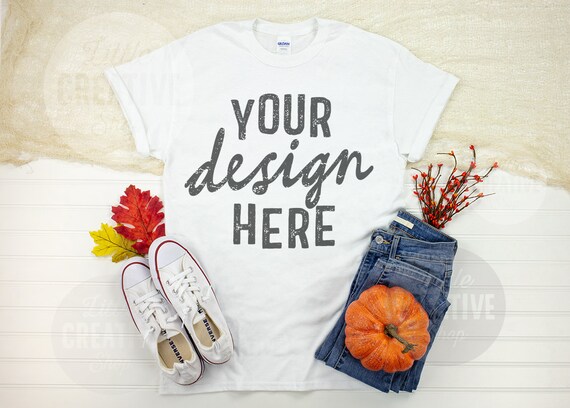 MOCKUP - Gildan 5000 G500 White Autumn Pumpkin Unisex T-Shirt Fall Elements Jeans Leaves Lay Flat Mockup on White Background