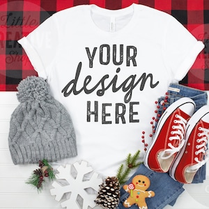 MOCKUP - Bella Canvas 3001 White T-Shirt Red Shoes Christmas Holiday Elements Jeans Hat Pine T-Shirt Lay Flat Mockup White Background