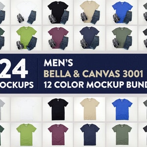 Men&#39;s Bella & Canvas 3001 Bundle 24 Mockups 12 T-Shirt Colors with Shoes, Jeans Mockups on White Wood Background JPEG High Resolution