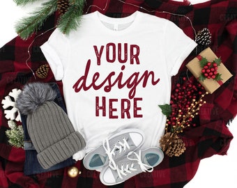 MOCKUP - Bella Canvas 3001 White Shirt Christmas Flannel Plaid Blanket Hat Snowflake Lights T-Shirt Jeans Lay Flat Mock up JPEG File