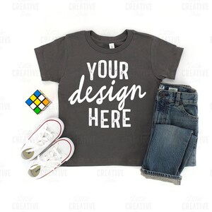 MOCKUP - Bella Canvas Asphalt 3001T Toddler Kids T-Shirt Flat Lay Mockup Shoes, Jeans on White Background JPEG