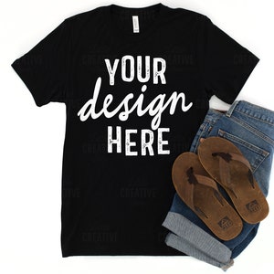 MOCKUP - Bella & Canvas Solid Black Triblend 3413 Mockup Printful Printify Summer Men&#39;s T-Shirt, Jean Shorts and Sandals Flat Lay