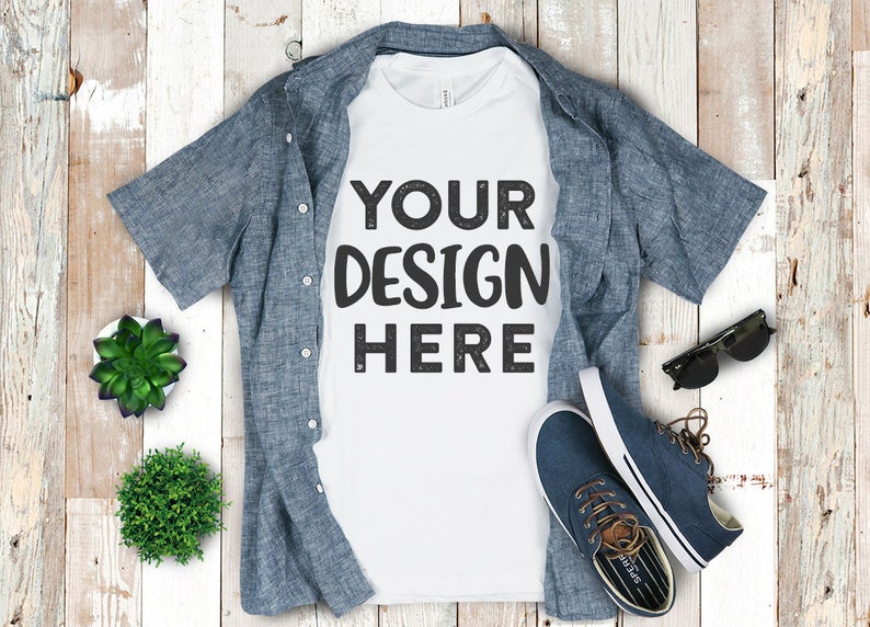 Download MOCKUP Men's Bella & Canvas 3001 White T-Shirt Button Up ...