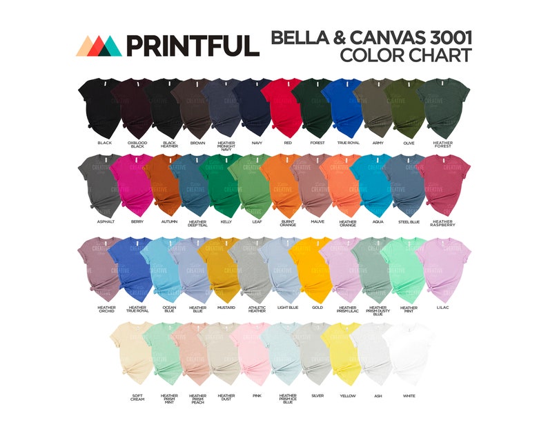 Printful Color Chart All Bella Canvas 3001 Colors Available | Etsy