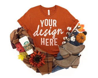 MOCKUP - Autumn Bella & Canvas 3001 Women's T-Shirt Autumn PSL Pumpkin Spice Coffee Cup Fall Leaves Flat Lay Mock Up 2 JPEG File