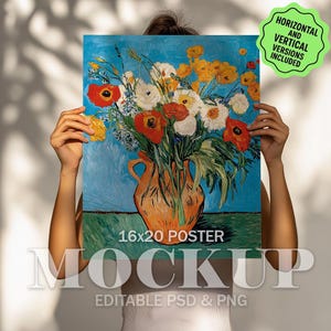 May include: A 16x20 inch poster featuring a vibrant floral still life in a terracotta vase against a blue background. The artwork showcases a bouquet of red, white, and yellow flowers. The word "MOCKUP" is displayed at the bottom.