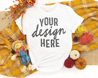 MOCKUP - White Bella & Canvas 3001 Women's T-Shirt Autumn Pumpkin Fall Leaves Yellow Blanket Flat Lay Mock Up JPEG File