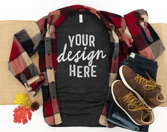 MOCKUP - Dark Grey Heather Bella & Canvas 3001 Men's Flannel T-Shirt Jeans Shoes Harvest Fall Leaves Autumn Flat Lay Mock Up JPEG File
