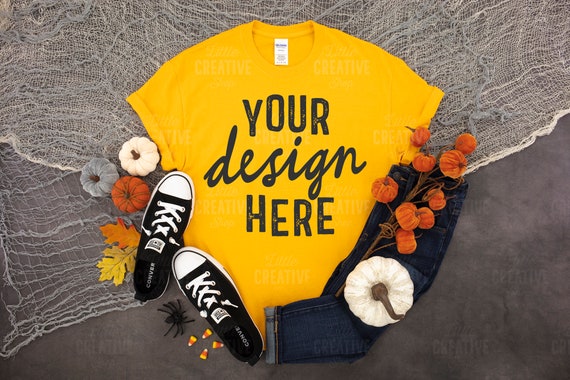 MOCKUP - Gold Gildan 5000 G500 Yellow Shirt Halloween Scene Spider Candy Corn T-Shirt Mock Up Jeans Black Shoes Flat Lay JPEG File