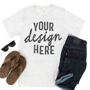 MOCKUP - Bella & Canvas White Fleck Triblend 3413 Mockup Printful Printify Summer Men&#39;s T-Shirt, Jeans, Flip Flops, Sunglasses Flat Lay