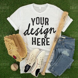 MOCKUP - Bella Canvas 3001 Solid White Blend White Shirt Flat Lay Mockup American Baseball, Bat, Mitt, Jeans, Shoes on Grass Background JPEG