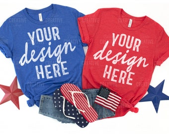 MOCKUP - Heather Red / True Royal Blue  Bella Canvas 3001 July 4th Independence Day Mockup Jeans American Flip Flops Flag Flat Lay Mock Up