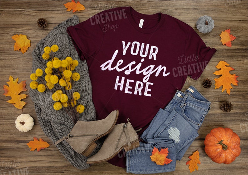 Download MOCKUP Bella & Canvas 3001 Maroon Autumn Women's T-Shirt ...