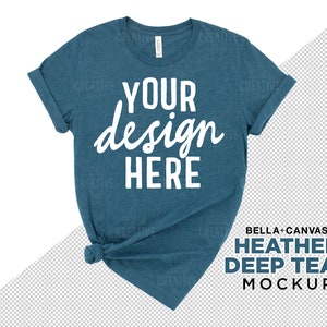 MOCKUP - Bella Canvas Heather Deep Teal 3001 Knotted Women&#39;s T-Shirt Flat Lay Mockup Transparent PNG File Tshirt Mock Up Print On Demand