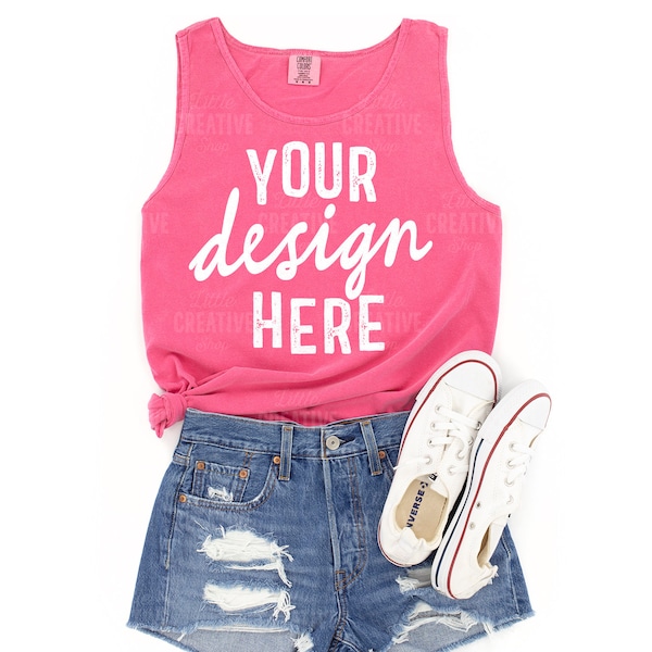 MOCKUP - Crunchberry Pink Comfort Colors Women's 9360 RS Tank Top Mockup Bright Knotted Jeans Shorts Shoes Summer Flat Lay Mock Up JPEG