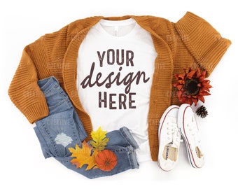 MOCKUP - White Bella & Canvas 3001 Women's T-Shirt Autumn Fall Converse Shoes Sweater Jeans Pumpkin Leaves PSL Flat Lay Mock Up JPEG File
