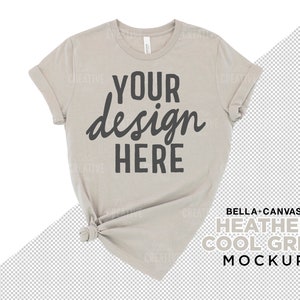 MOCKUP - Bella Canvas Heather Cool Grey 3001 Knotted Women&#39;s T-Shirt Flat Lay Mockup Transparent PNG File Tshirt Mock Up Print On Demand