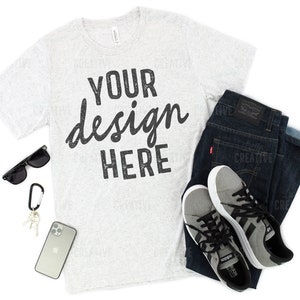 MOCKUP - Bella & Canvas White Fleck Triblend 3413 Mockup Printful Printify Men&#39;s T-Shirt, Jeans, Shoes, Sunglasses, Belt, Cellphone Flat Lay