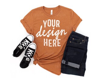 MOCKUP - Heather Autumn Bella & Canvas 3001 Women's Orange T-Shirt Jeans Black Shoes Flat Lay Mock Up JPEG File