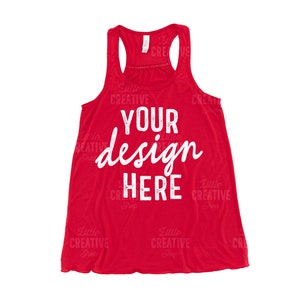 May include: Red tank top with the text "Your design here" printed in white.