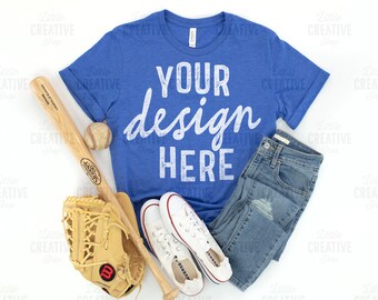 MOCKUP - Bella Canvas 3001 True Royal Heather Blue Shirt Flat Lay Mockup American Baseball, Mitt, Bat, Jeans, Shoes White Background JPEG