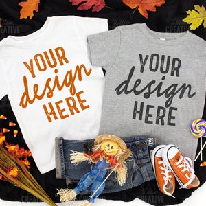 MOCKUP - White / Athletic Heather Bella & Canvas 3001T Kids Halloween Child Tshirt Fall Flat Lay Fall Leaves Lollipops Candy Corn JPEG