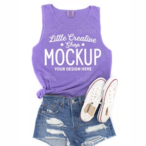 MOCKUP - Violet Purple Comfort Colors Women's 9360 RS Tank Top Mockup Bright Knotted Jeans Shorts Shoes Summer Flat Lay Mock Up JPEG