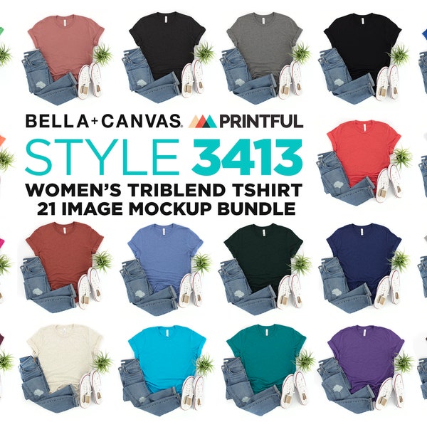 MOCKUP - Bella & Canvas 3413 Printful Colors Mockup Bundle, 21 Different Colors, Women's Jeans and Shoes Flat Lay With Color and Size Charts