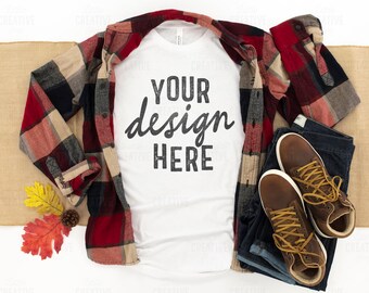 MOCKUP - White Bella & Canvas 3001 Men's Flannel T-Shirt Jeans Shoes Harvest Fall Leaves Autumn Flat Lay Mock Up JPEG File