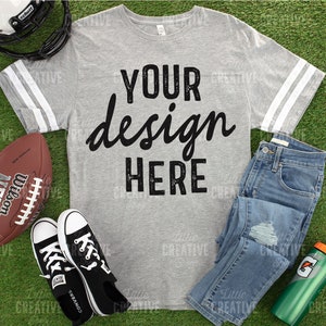 MOCKUP - LAT Live And Tell 6937 Vintage Heather Grey / White Football Jersey Flat Lay Mockup Jeans Black Shoes Grass Men&#39;s Women&#39;s Kids