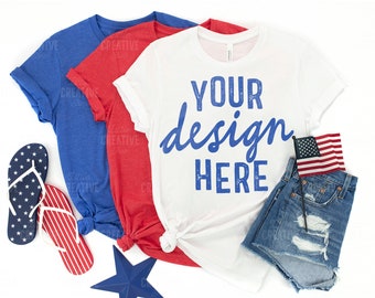 MOCKUP - Heather Red / True Royal Blue / White Bella Canvas 3001 July 4th Independence Day Mockup American Flip Flops Flag Flat Lay Mock Up