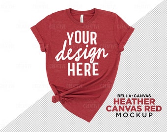 May include: A red heather canvas Bella + Canvas t-shirt mockup with the text "YOUR design HERE" printed on the front.