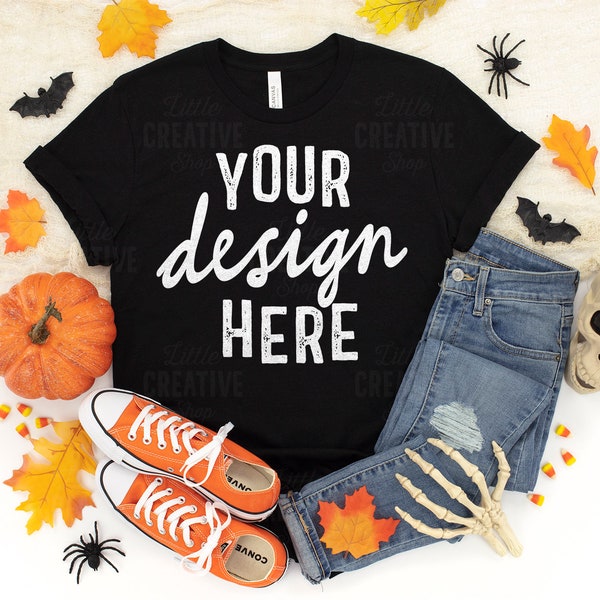 MOCKUP - Heather Black Bella & Canvas 3001 T-Shirt Flat Lay Halloween Skull Fall Leaves Spiders Skeleton Spooky Jeans Orange Shoes JPEG File