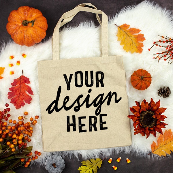 MOCKUP - Liberty Bags Isabella Canvas Tote Natural Color Bag Kids Halloween Candy Bag Tshirt Fall Lay Flat Image Mockup Fall Leaves