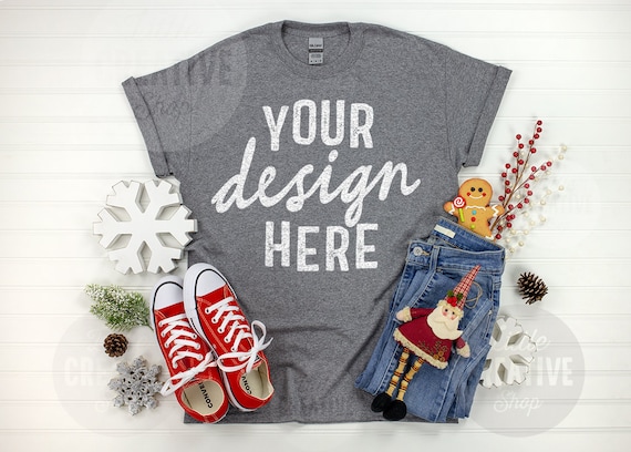 MOCKUP - Gildan 5000 G500 Graphite Heather Shirt Christmas Snowflake T-Shirt Winter Elements Jeans Lay Flat Mockup on White Background