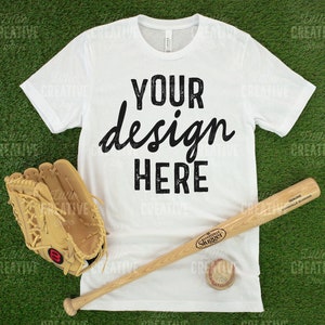 MOCKUP - Bella Canvas 3001 Solid White Blend White Shirt Flat Lay Mockup American Baseball, Bat, Mitt on Grass Background JPEG