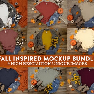 MOCKUP - Bella & Canvas 3001 Fall Inspired Women&#39;s Mockup Bundle 9 High Resolution Autumn T-Shirt Mockup Lay Flat Mockups Pumpkin, Leaves