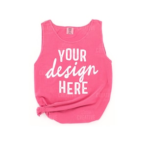MOCKUP - Crunchberry Pink Comfort Colors Women&#39;s 9360 RS Tank Top Mockup Bright Knotted Summer Flat Lay Mock Up JPEG