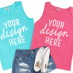MOCKUP - Lagoon Blue / Crunchberry Pink Comfort Colors Women's 9360 RS Tank Top Mockup Bright Colors Tanks Jeans Shoes Flat Lay Mock Up JPEG